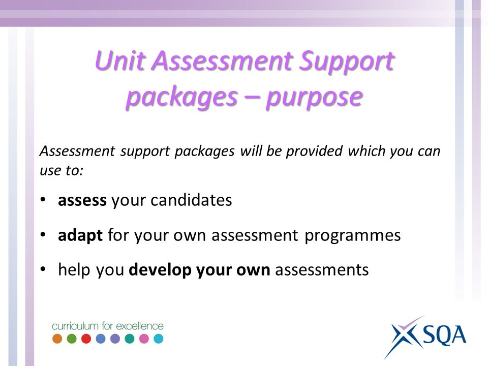 Unit Assessment Support packages – purpose Assessment support packages will be provided which you can use to: assess your candidates adapt for your own assessment programmes help you develop your own assessments