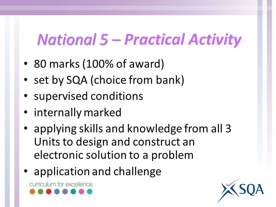National 5 – National 5 – Practical Activity 80 marks (100% of award) set by SQA (choice from bank) supervised conditions internally marked applying skills and knowledge from all 3 Units to design and construct an electronic solution to a problem application and challenge