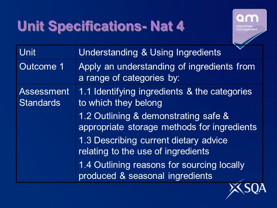Unit Specifications- Nat 4 UnitUnderstanding & Using Ingredients Outcome 1Apply an understanding of ingredients from a range of categories by: Assessment Standards 1.1 Identifying ingredients & the categories to which they belong 1.2 Outlining & demonstrating safe & appropriate storage methods for ingredients 1.3 Describing current dietary advice relating to the use of ingredients 1.4 Outlining reasons for sourcing locally produced & seasonal ingredients