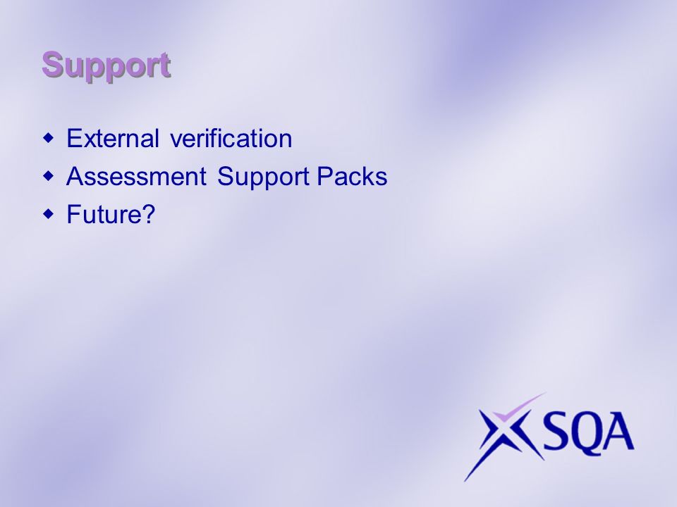 Support External verification Assessment Support Packs Future