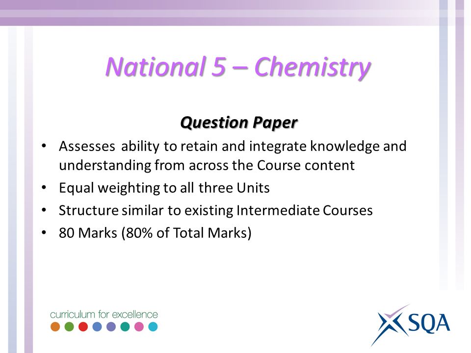 National 5 – Chemistry Question Paper Assesses ability to retain and integrate knowledge and understanding from across the Course content Equal weighting to all three Units Structure similar to existing Intermediate Courses 80 Marks (80% of Total Marks)