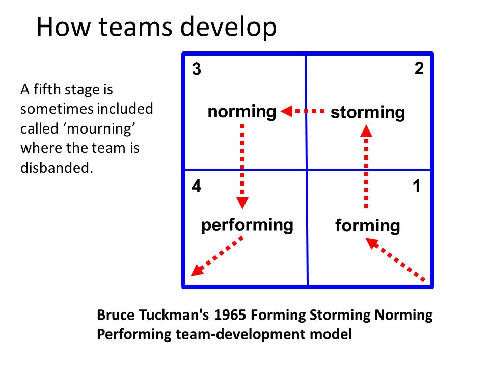 How teams develop 11 forming storming norming performing Bruce Tuckman s 1965 Forming Storming Norming Performing team-development model A fifth stage is sometimes included called mourning where the team is disbanded.