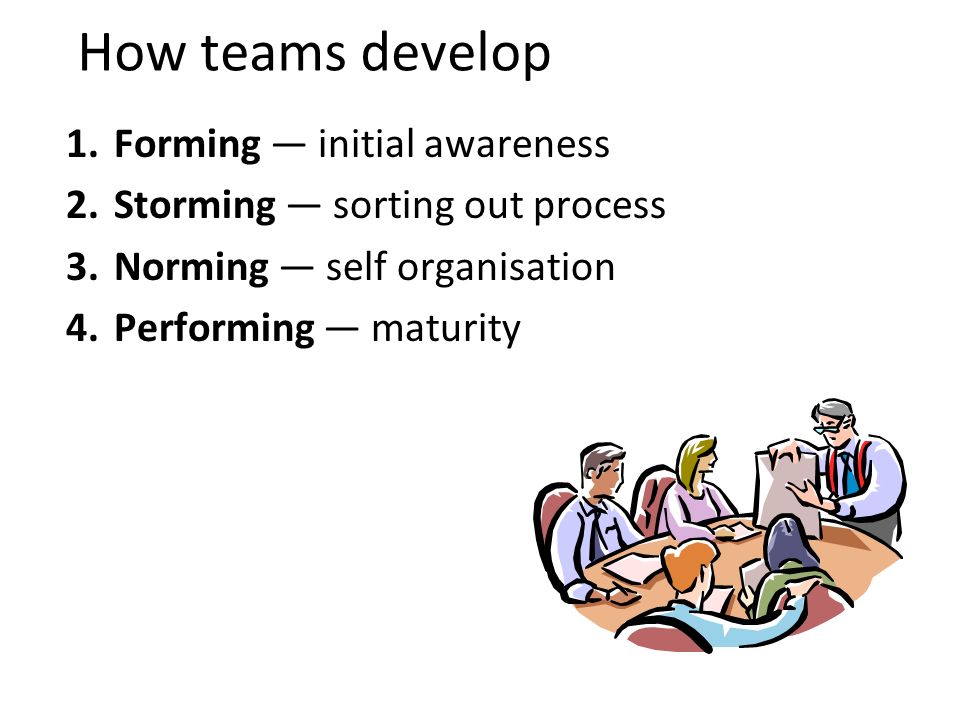 How teams develop 1.Forming initial awareness 2.Storming sorting out process 3.Norming self organisation 4.Performing maturity 12