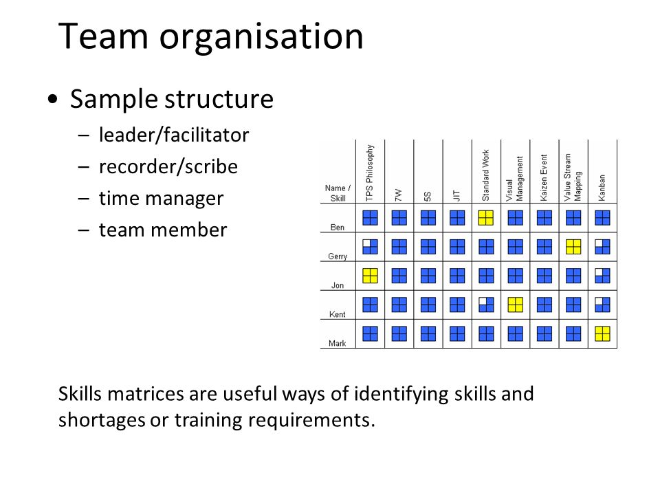 Team organisation Sample structure –leader/facilitator –recorder/scribe –time manager –team member Skills matrices are useful ways of identifying skills and shortages or training requirements.