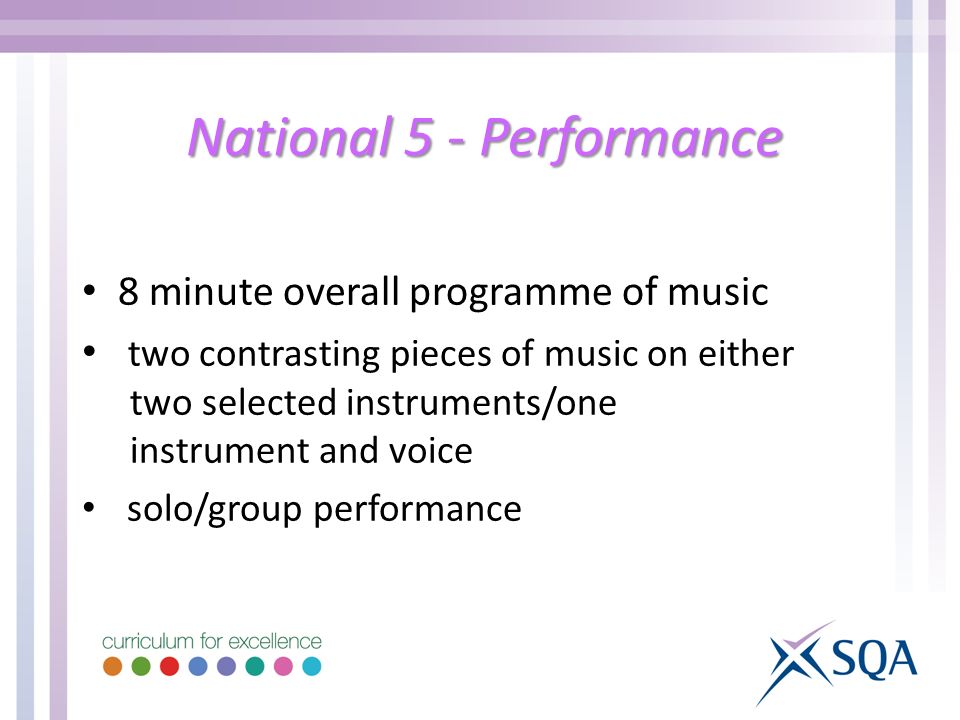 National 5 - Performance 8 minute overall programme of music two contrasting pieces of music on either two selected instruments/one instrument and voice solo/group performance