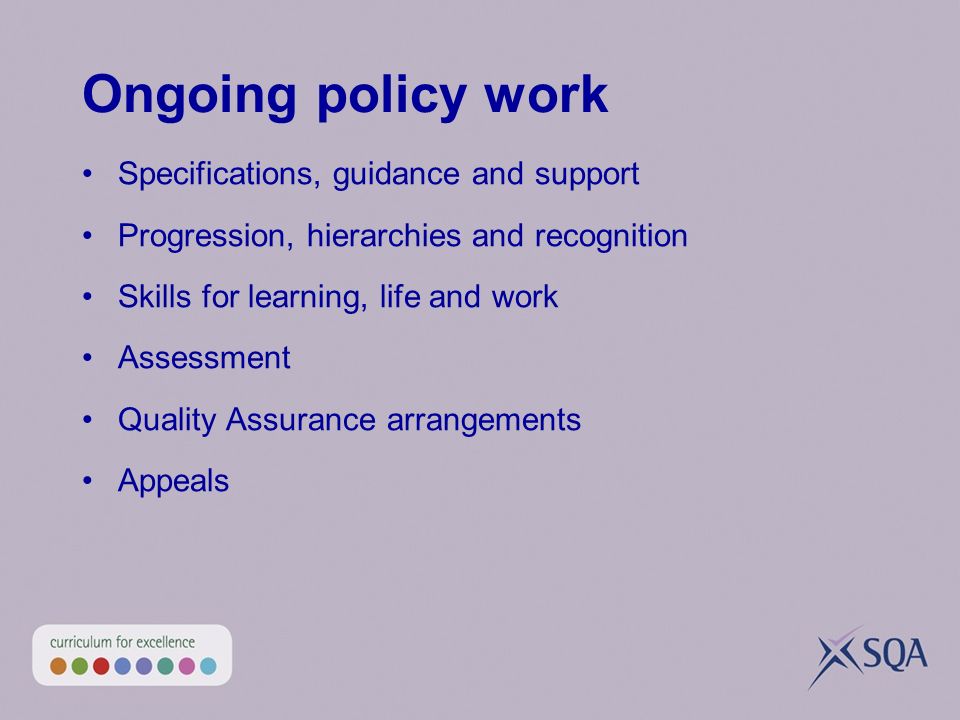 Ongoing policy work Specifications, guidance and support Progression, hierarchies and recognition Skills for learning, life and work Assessment Quality Assurance arrangements Appeals
