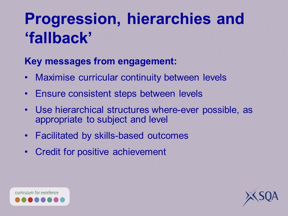 Progression, hierarchies and fallback Key messages from engagement: Maximise curricular continuity between levels Ensure consistent steps between levels Use hierarchical structures where-ever possible, as appropriate to subject and level Facilitated by skills-based outcomes Credit for positive achievement