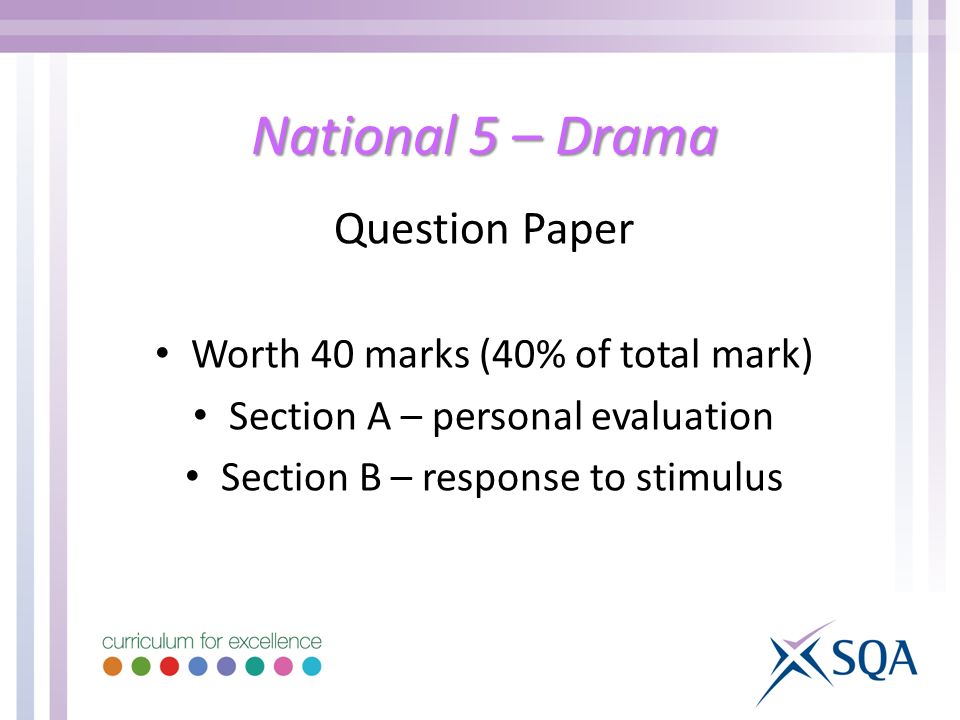 National 5 – Drama Question Paper Worth 40 marks (40% of total mark) Section A – personal evaluation Section B – response to stimulus