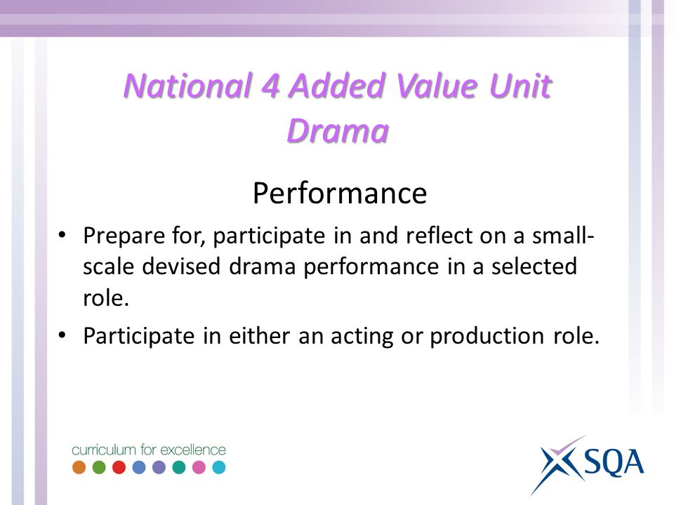 National 4 Added Value Unit Drama Performance Prepare for, participate in and reflect on a small- scale devised drama performance in a selected role.