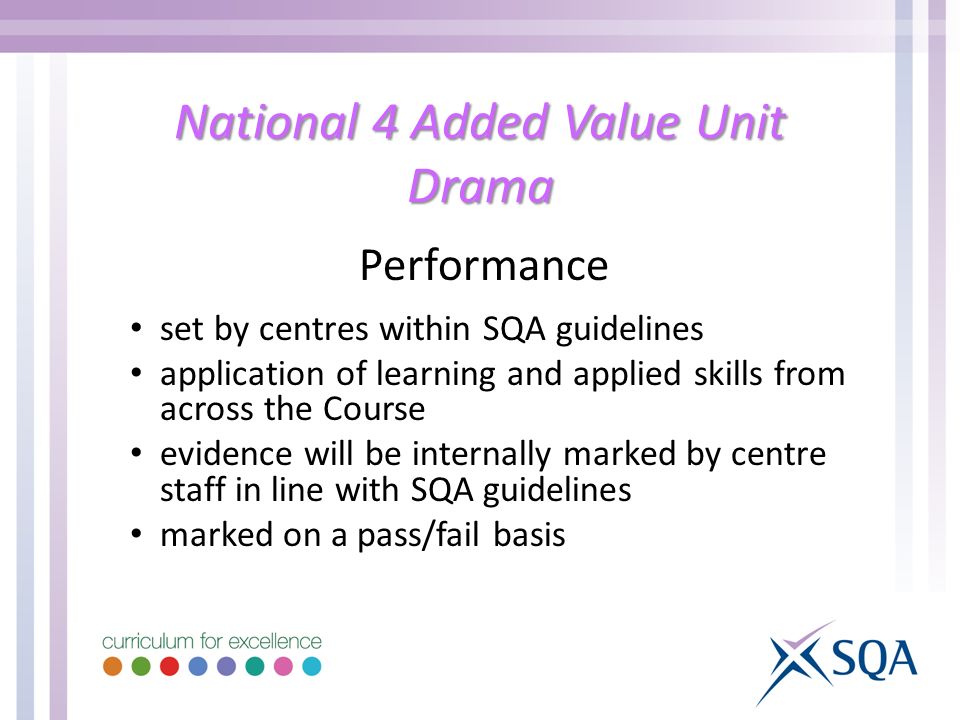 National 4 Added Value Unit Drama Performance set by centres within SQA guidelines application of learning and applied skills from across the Course evidence will be internally marked by centre staff in line with SQA guidelines marked on a pass/fail basis