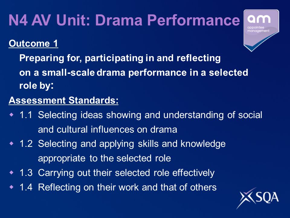 N4 AV Unit: Drama Performance Outcome 1 Preparing for, participating in and reflecting on a small-scale drama performance in a selected role by : Assessment Standards: 1.1 Selecting ideas showing and understanding of social and cultural influences on drama 1.2 Selecting and applying skills and knowledge appropriate to the selected role 1.3 Carrying out their selected role effectively 1.4 Reflecting on their work and that of others