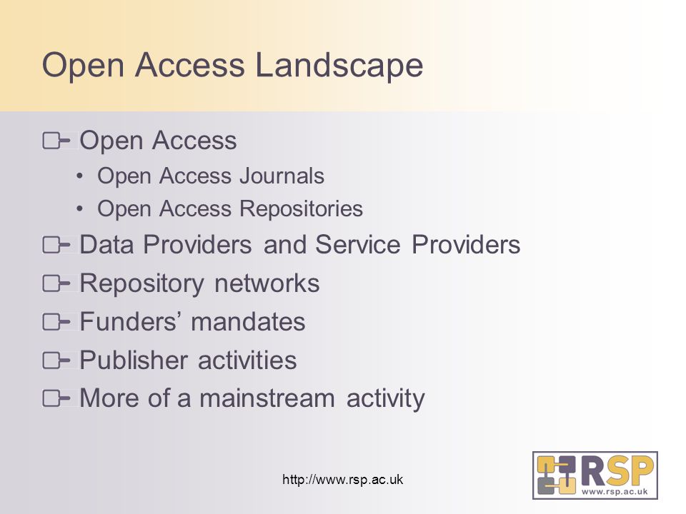 Open Access Landscape Open Access Open Access Journals Open Access Repositories Data Providers and Service Providers Repository networks Funders mandates Publisher activities More of a mainstream activity
