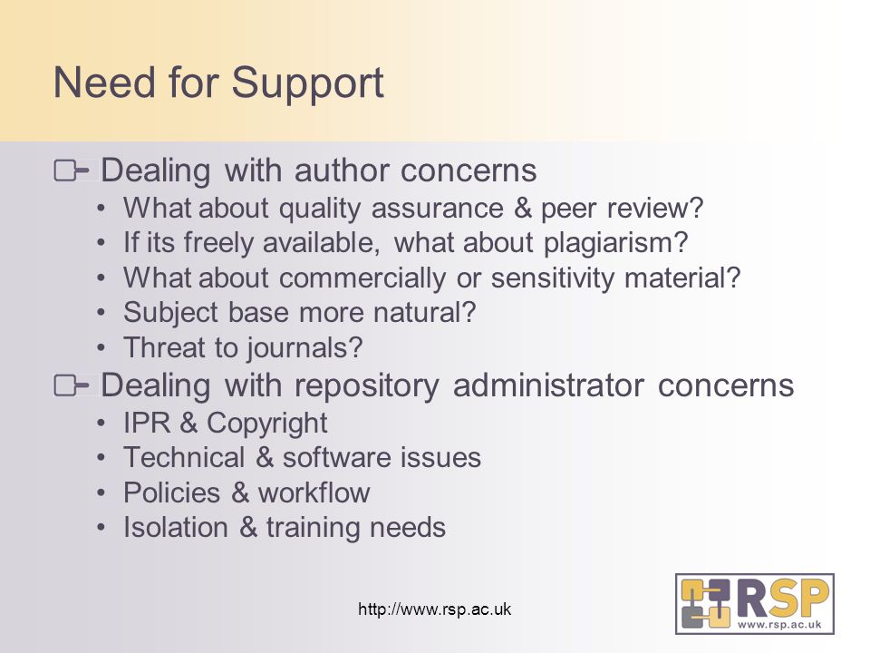 Need for Support Dealing with author concerns What about quality assurance & peer review.