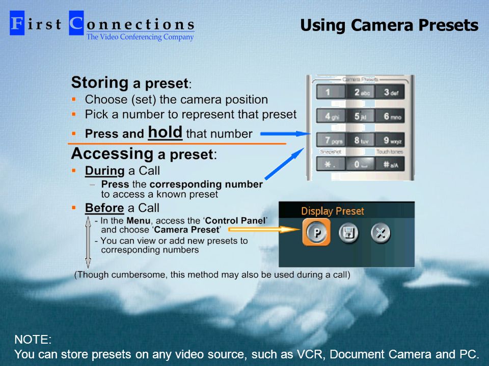 Using Camera Presets NOTE: You can store presets on any video source, such as VCR, Document Camera and PC.