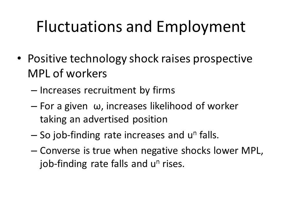 Fluctuations and Employment Positive technology shock raises prospective MPL of workers – Increases recruitment by firms – For a given ω, increases likelihood of worker taking an advertised position – So job-finding rate increases and u n falls.