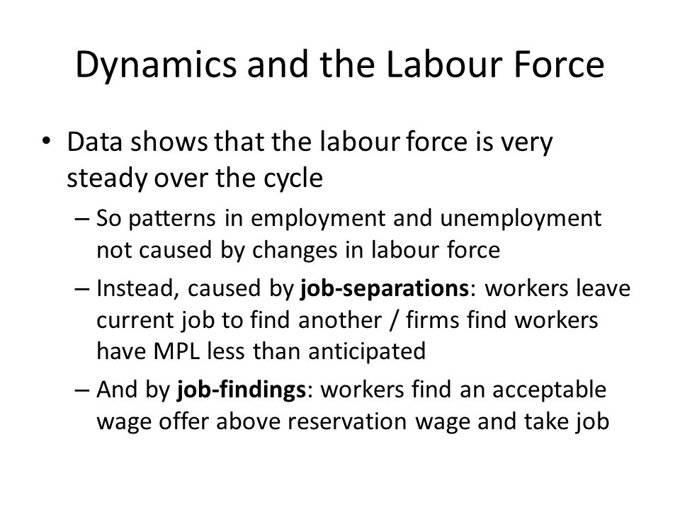 Dynamics and the Labour Force Data shows that the labour force is very steady over the cycle – So patterns in employment and unemployment not caused by changes in labour force – Instead, caused by job-separations: workers leave current job to find another / firms find workers have MPL less than anticipated – And by job-findings: workers find an acceptable wage offer above reservation wage and take job