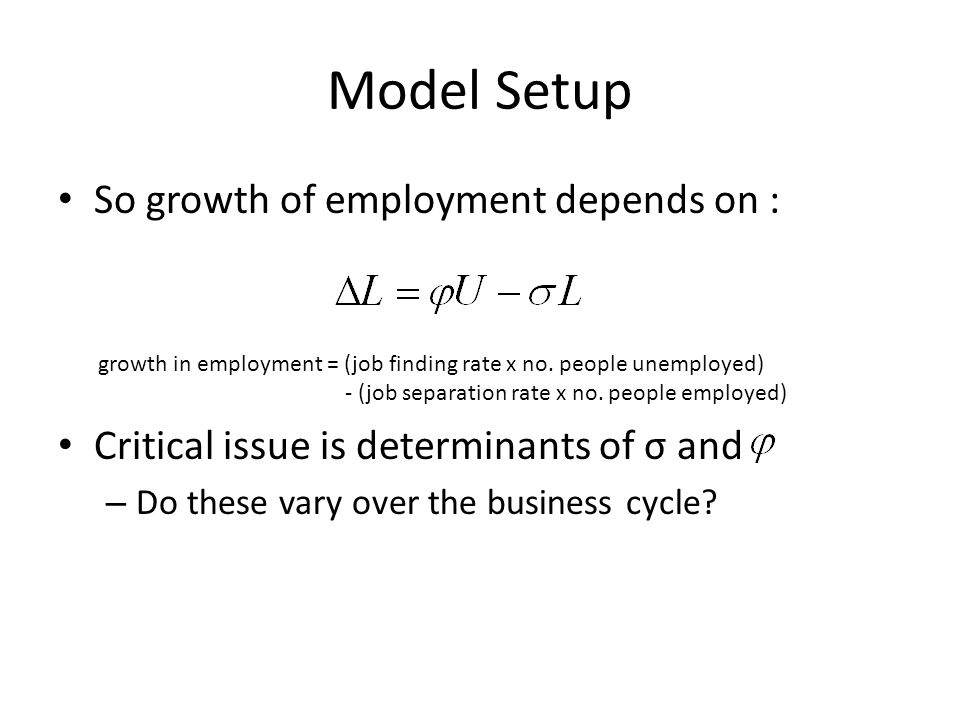 Model Setup So growth of employment depends on : Critical issue is determinants of σ and – Do these vary over the business cycle.