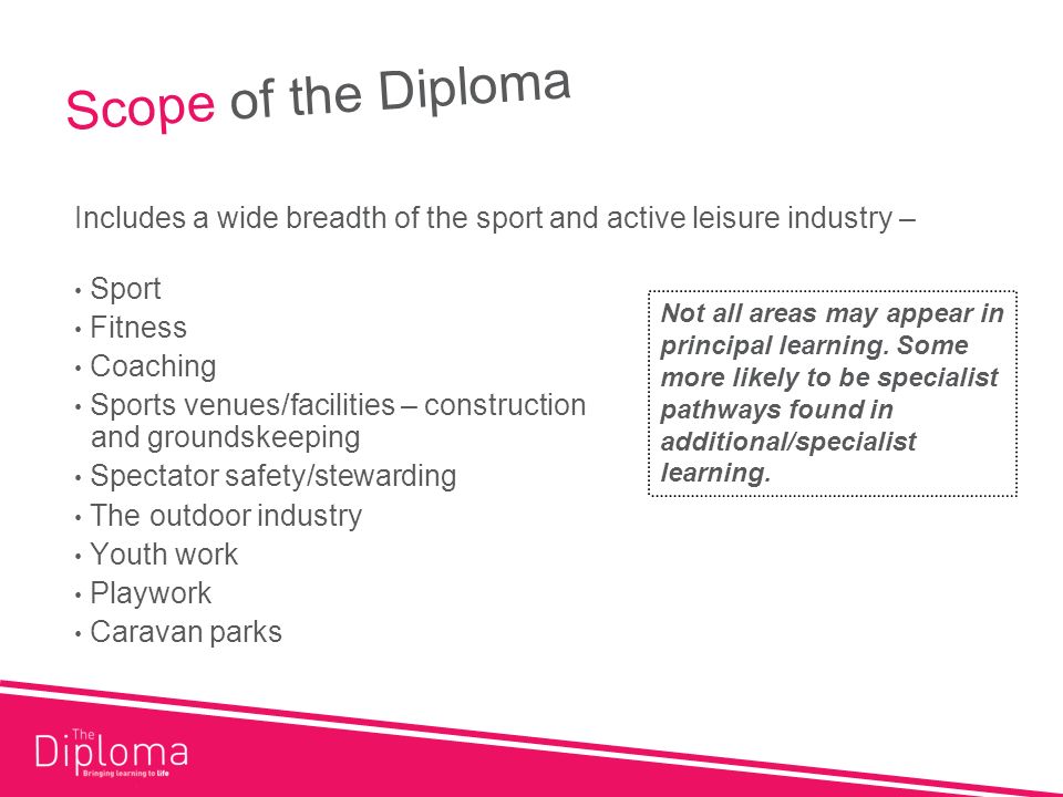 Scope of the Diploma Includes a wide breadth of the sport and active leisure industry – Sport Fitness Coaching Sports venues/facilities – construction and groundskeeping Spectator safety/stewarding The outdoor industry Youth work Playwork Caravan parks Not all areas may appear in principal learning.