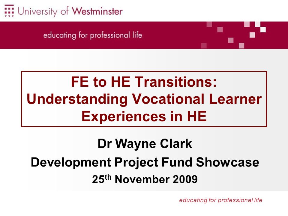 educating for professional life FE to HE Transitions: Understanding Vocational Learner Experiences in HE Dr Wayne Clark Development Project Fund Showcase 25 th November 2009
