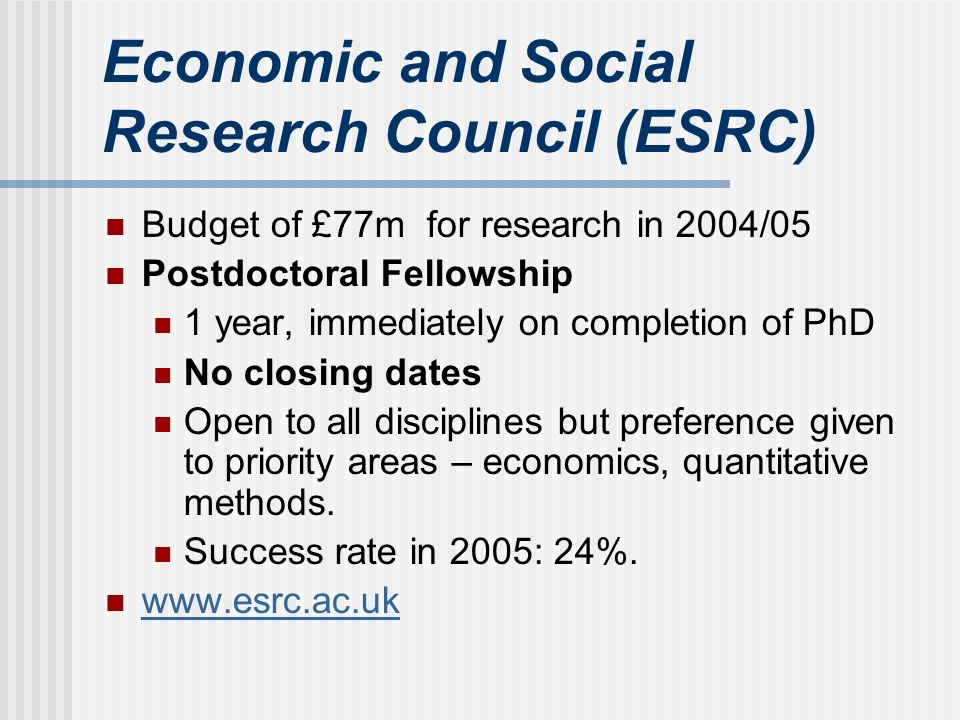 Economic and Social Research Council (ESRC) Budget of £77m for research in 2004/05 Postdoctoral Fellowship 1 year, immediately on completion of PhD No closing dates Open to all disciplines but preference given to priority areas – economics, quantitative methods.