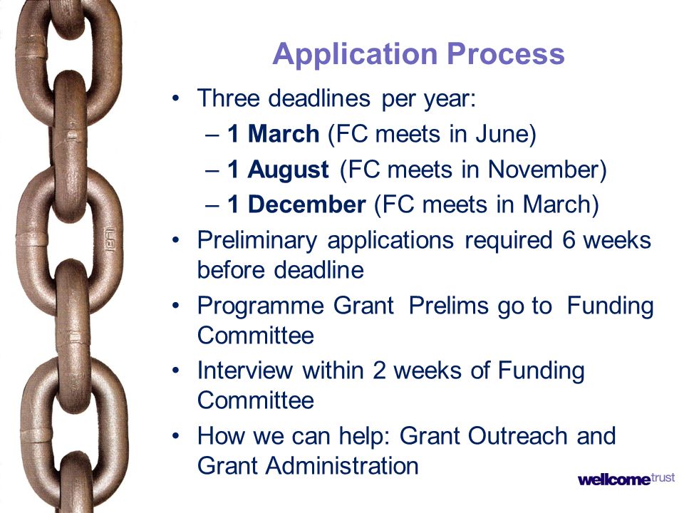 Application Process Three deadlines per year: –1 March (FC meets in June) –1 August (FC meets in November) –1 December (FC meets in March) Preliminary applications required 6 weeks before deadline Programme Grant Prelims go to Funding Committee Interview within 2 weeks of Funding Committee How we can help: Grant Outreach and Grant Administration
