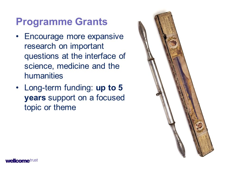 Programme Grants Encourage more expansive research on important questions at the interface of science, medicine and the humanities Long-term funding: up to 5 years support on a focused topic or theme