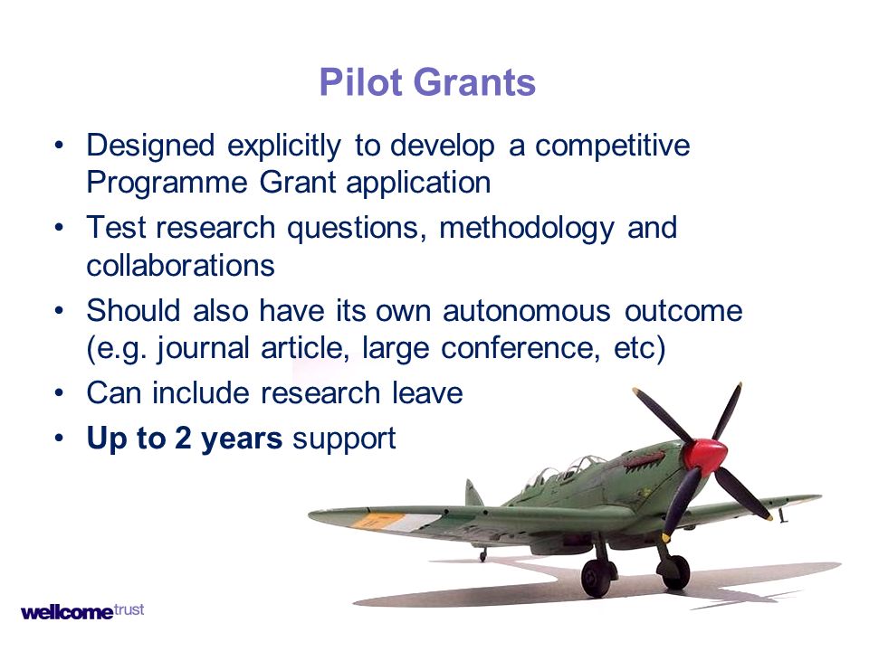 Designed explicitly to develop a competitive Programme Grant application Test research questions, methodology and collaborations Should also have its own autonomous outcome (e.g.