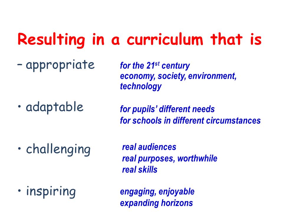 Resulting in a curriculum that is –appropriate adaptable challenging inspiring for the 21 st century economy, society, environment, technology for pupils different needs for schools in different circumstances real audiences real purposes, worthwhile real skills engaging, enjoyable expanding horizons