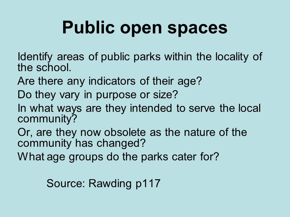 Public open spaces Identify areas of public parks within the locality of the school.