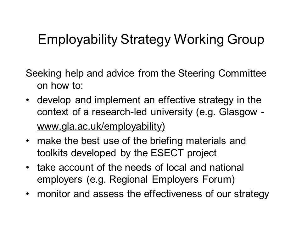 Employability Strategy Working Group Seeking help and advice from the Steering Committee on how to: develop and implement an effective strategy in the context of a research-led university (e.g.
