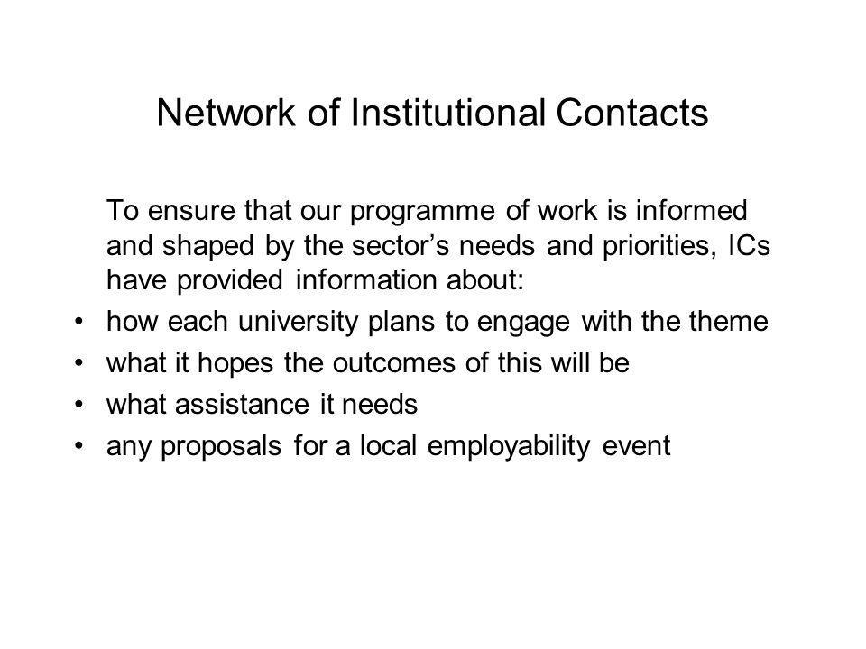 Network of Institutional Contacts To ensure that our programme of work is informed and shaped by the sectors needs and priorities, ICs have provided information about: how each university plans to engage with the theme what it hopes the outcomes of this will be what assistance it needs any proposals for a local employability event