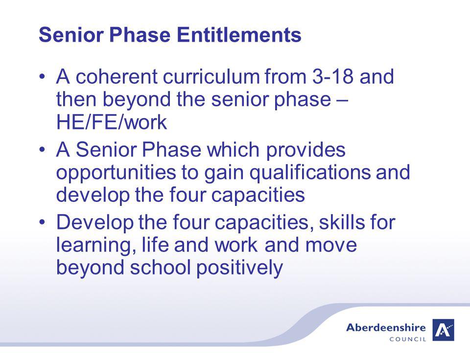 The Senior Phase – S4-6 All pupils have entitlements to experience a Senior Phase of education Pupils will work towards SQA and other qualifications in S4-S6 New qualifications being developed nationally Will replace some existing qualifications