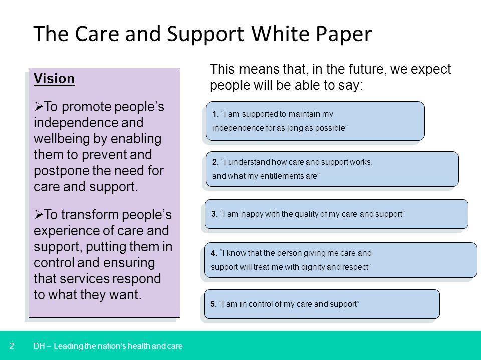 2 DH – Leading the nations health and care The Care and Support White Paper Vision To promote peoples independence and wellbeing by enabling them to prevent and postpone the need for care and support.