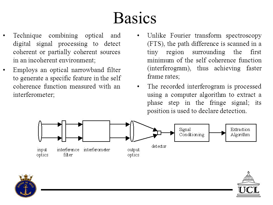 Basics Technique combining optical and digital signal processing to detect coherent or partially coherent sources in an incoherent environment; Employs an optical narrowband filter to generate a specific feature in the self coherence function measured with an interferometer; Unlike Fourier transform spectroscopy (FTS), the path difference is scanned in a tiny region surrounding the first minimum of the self coherence function (interferogram), thus achieving faster frame rates; The recorded interferogram is processed using a computer algorithm to extract a phase step in the fringe signal; its position is used to declare detection.