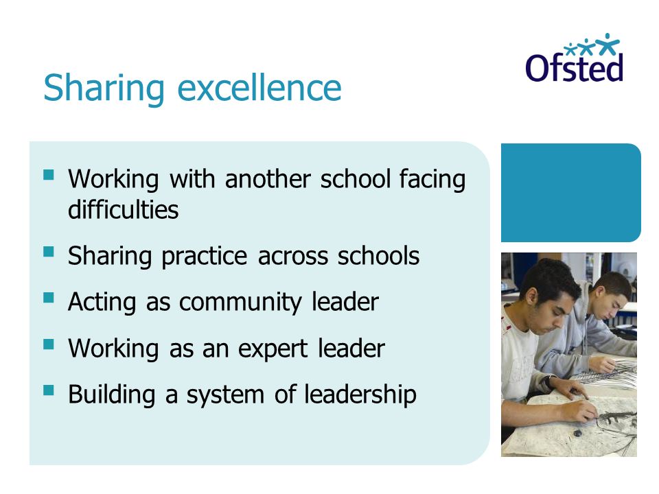 Working with another school facing difficulties Sharing practice across schools Acting as community leader Working as an expert leader Building a system of leadership Sharing excellence