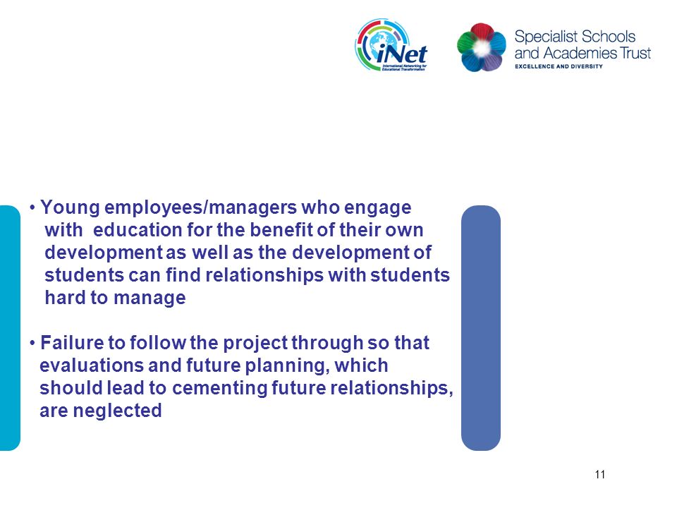 Young employees/managers who engage with education for the benefit of their own development as well as the development of students can find relationships with students hard to manage Failure to follow the project through so that evaluations and future planning, which should lead to cementing future relationships, are neglected 11