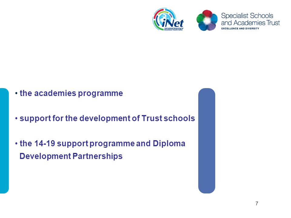 the academies programme support for the development of Trust schools the support programme and Diploma Development Partnerships 7