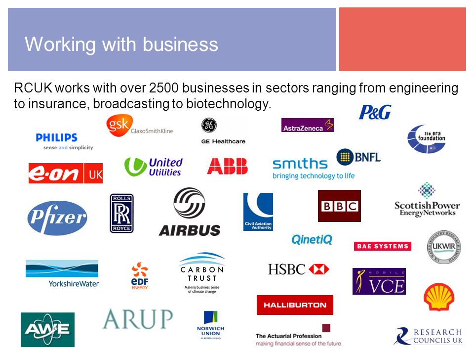 Working with business RCUK works with over 2500 businesses in sectors ranging from engineering to insurance, broadcasting to biotechnology.