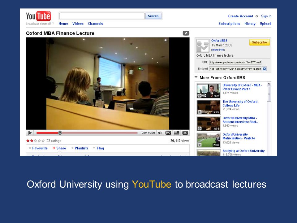 Oxford University using YouTube to broadcast lectures