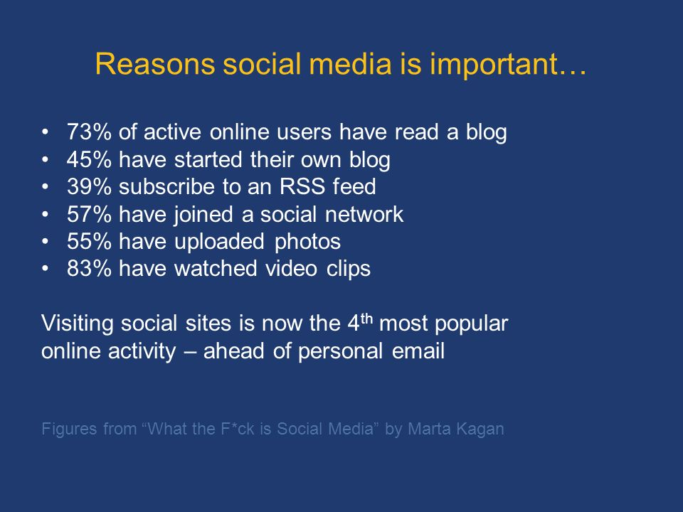 Reasons social media is important… 73% of active online users have read a blog 45% have started their own blog 39% subscribe to an RSS feed 57% have joined a social network 55% have uploaded photos 83% have watched video clips Visiting social sites is now the 4 th most popular online activity – ahead of personal  Figures from What the F*ck is Social Media by Marta Kagan