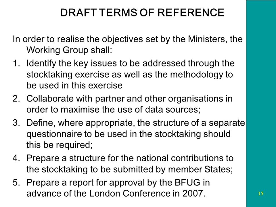 15 DRAFT TERMS OF REFERENCE In order to realise the objectives set by the Ministers, the Working Group shall: 1.Identify the key issues to be addressed through the stocktaking exercise as well as the methodology to be used in this exercise 2.Collaborate with partner and other organisations in order to maximise the use of data sources; 3.Define, where appropriate, the structure of a separate questionnaire to be used in the stocktaking should this be required; 4.Prepare a structure for the national contributions to the stocktaking to be submitted by member States; 5.Prepare a report for approval by the BFUG in advance of the London Conference in 2007.