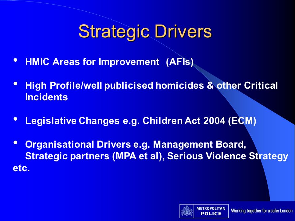 Strategic Drivers HMIC Areas for Improvement (AFIs) High Profile/well publicised homicides & other Critical Incidents Legislative Changes e.g.