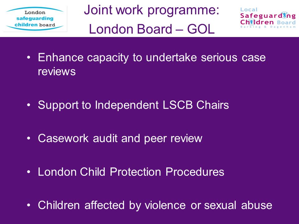 14 Joint work programme: London Board – GOL Enhance capacity to undertake serious case reviews Support to Independent LSCB Chairs Casework audit and peer review London Child Protection Procedures Children affected by violence or sexual abuse