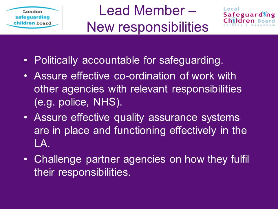 Lead Member – New responsibilities Politically accountable for safeguarding.