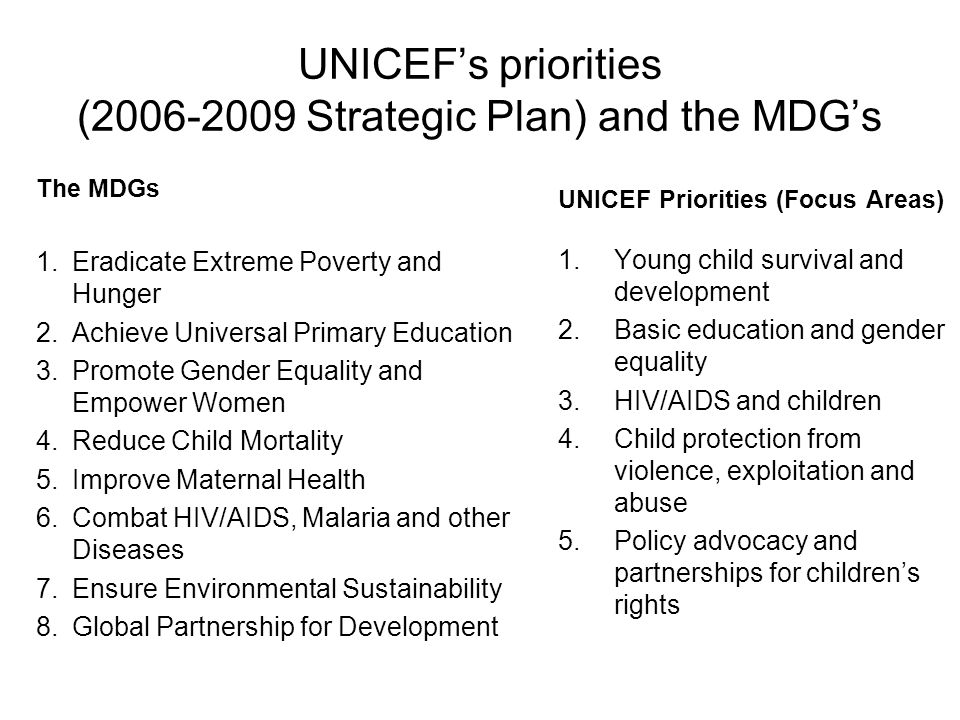 UNICEFs priorities ( Strategic Plan) and the MDGs UNICEF Priorities (Focus Areas) 1.Young child survival and development 2.Basic education and gender equality 3.HIV/AIDS and children 4.Child protection from violence, exploitation and abuse 5.Policy advocacy and partnerships for childrens rights The MDGs 1.Eradicate Extreme Poverty and Hunger 2.Achieve Universal Primary Education 3.Promote Gender Equality and Empower Women 4.Reduce Child Mortality 5.Improve Maternal Health 6.Combat HIV/AIDS, Malaria and other Diseases 7.Ensure Environmental Sustainability 8.Global Partnership for Development