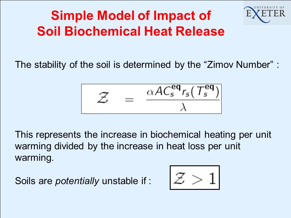 Simple Model of Impact of Soil Biochemical Heat Release The stability of the soil is determined by the Zimov Number : This represents the increase in biochemical heating per unit warming divided by the increase in heat loss per unit warming.