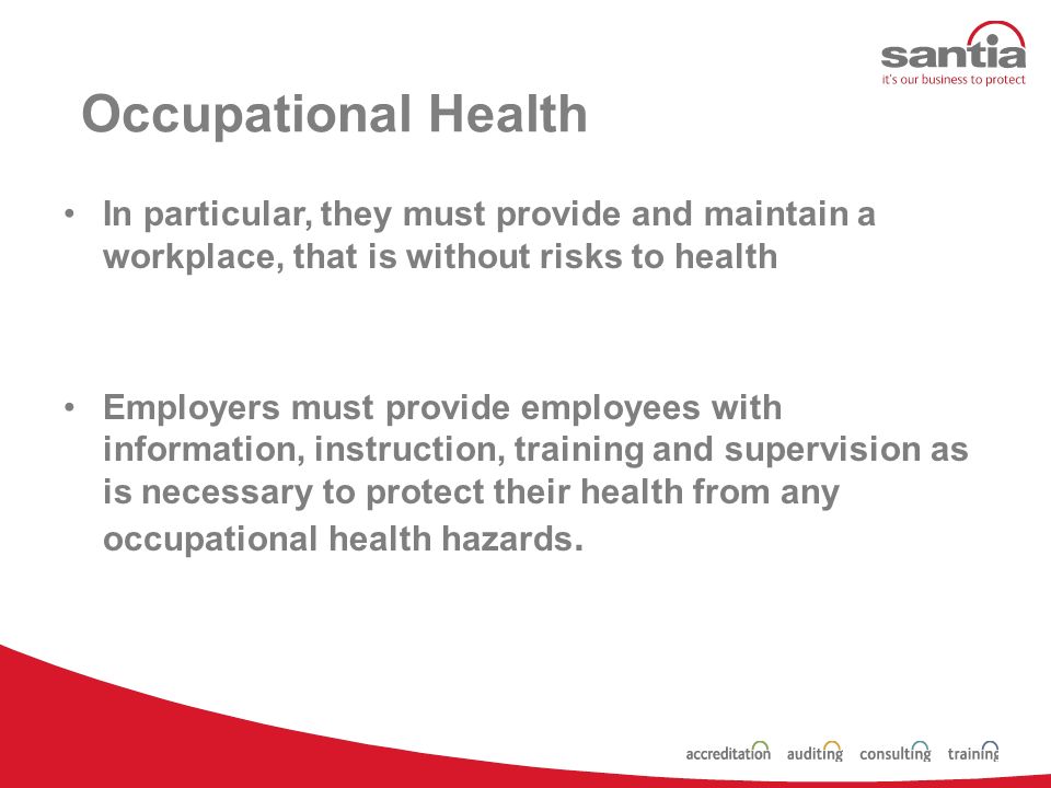 Occupational Health With legislation becoming more stringent, and penalties for failure heavier than ever, the task of managing and reducing risks has become increasingly important.