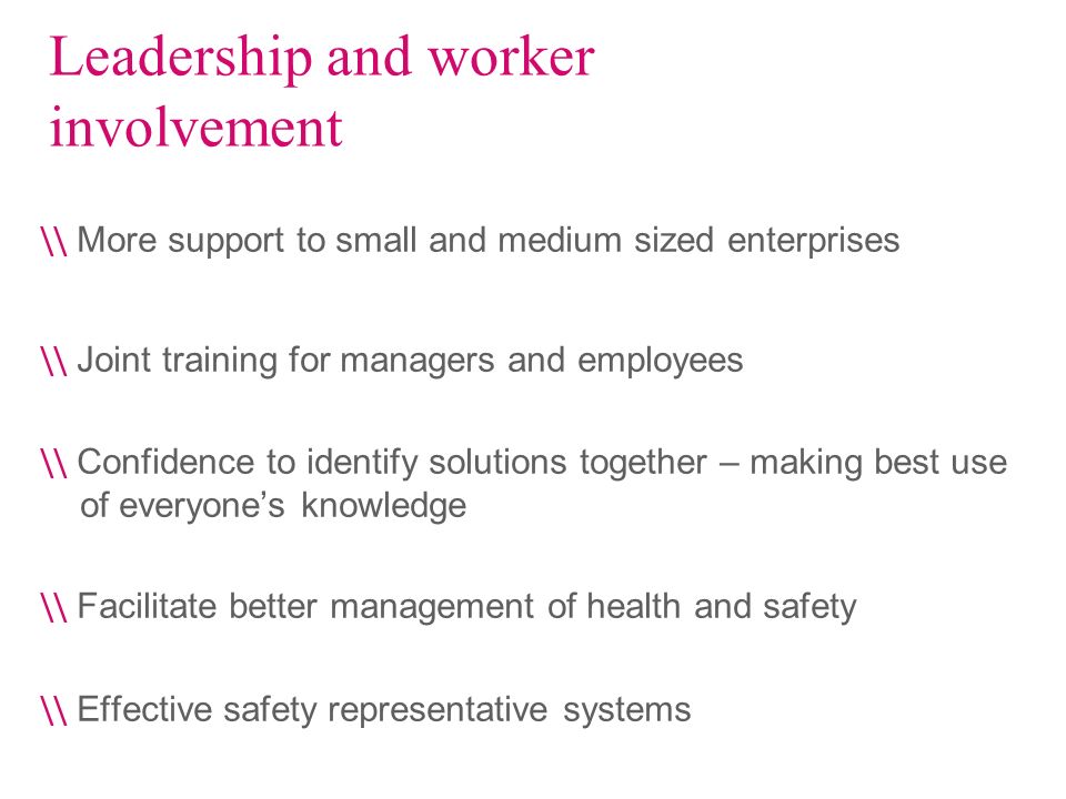 Leadership and worker involvement \\ More support to small and medium sized enterprises \\ Joint training for managers and employees \\ Confidence to identify solutions together – making best use of everyones knowledge \\ Facilitate better management of health and safety \\ Effective safety representative systems