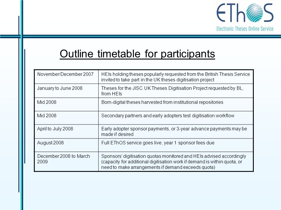Outline timetable for participants November/December 2007HEIs holding theses popularly requested from the British Thesis Service invited to take part in the UK theses digitisation project January to June 2008Theses for the JISC UK Theses Digitisation Project requested by BL, from HEIs Mid 2008Born-digital theses harvested from institutional repositories Mid 2008Secondary partners and early adopters test digitisation workflow April to July 2008Early adopter sponsor payments, or 3-year advance payments may be made if desired August 2008Full EThOS service goes live, year 1 sponsor fees due December 2008 to March 2009 Sponsors digitisation quotas monitored and HEIs advised accordingly (capacity for additional digitisation work if demand is within quota, or need to make arrangements if demand exceeds quota)