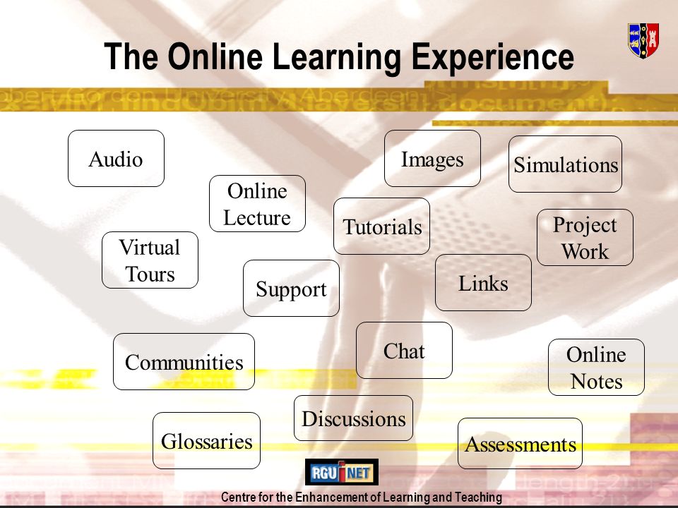 Centre for the Enhancement of Learning and Teaching The Online Learning Experience Online Lecture Online Notes Links Tutorials Support Discussions Project Work Communities Virtual Tours Images Chat Assessments Glossaries Audio Simulations